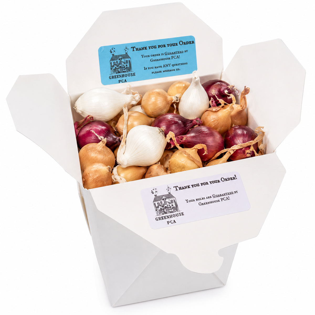 An open Greenhouse PCA box packed with mixed red, yellow and white onion sets ready for planting