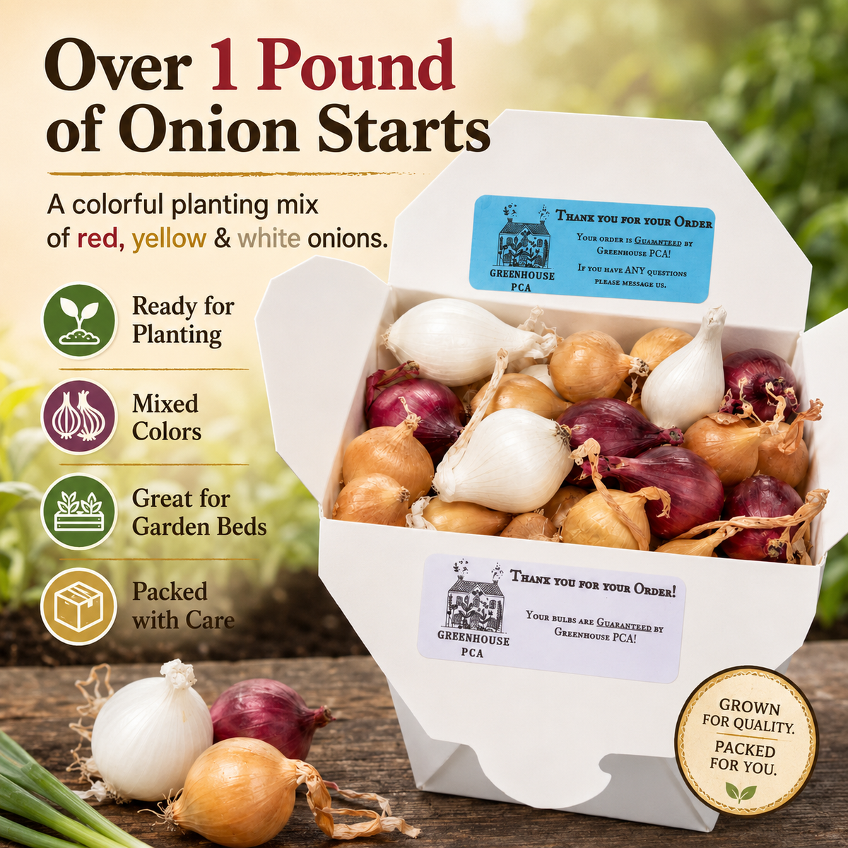Over one pound of onion sets per order, a colorful planting mix of red, yellow and white onions