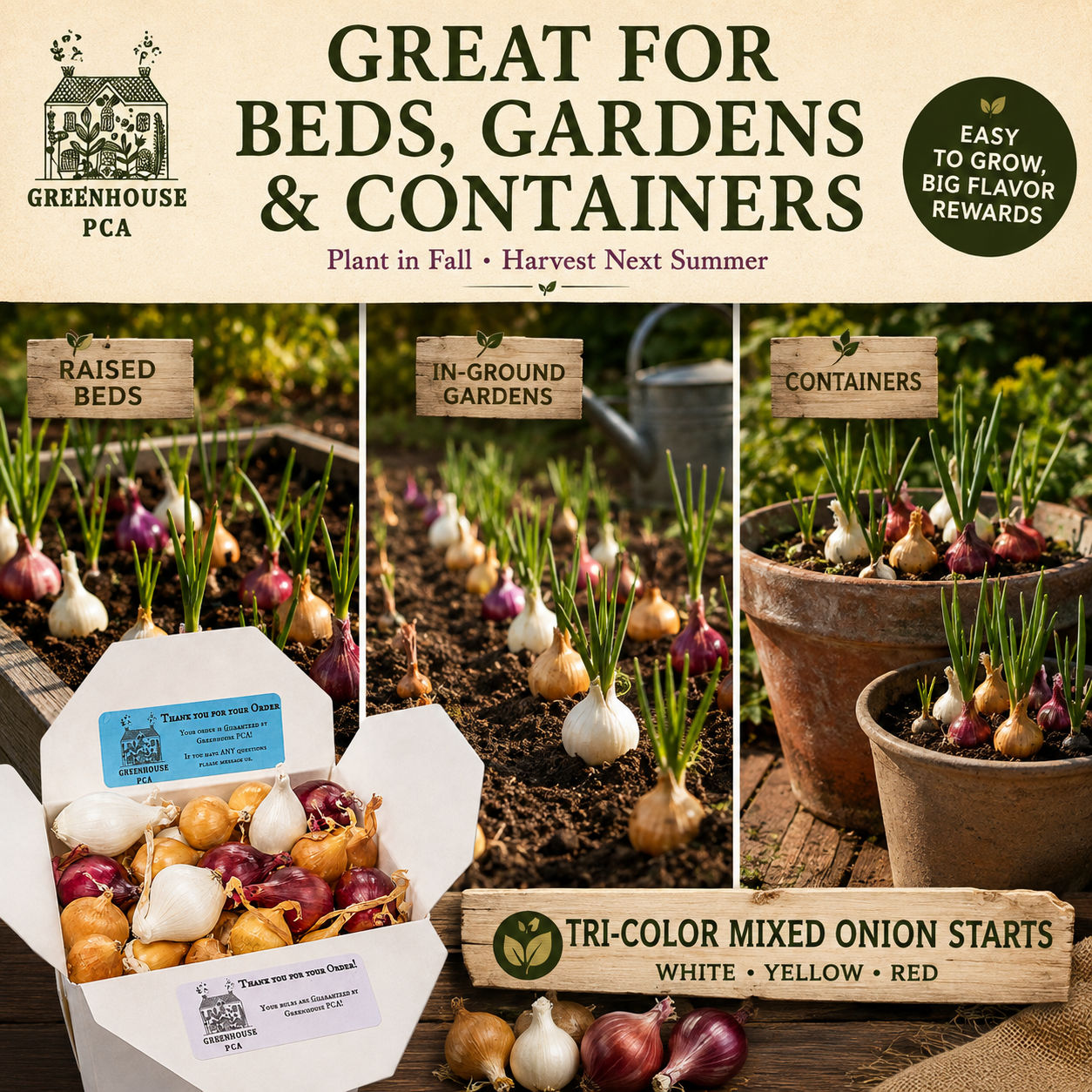 Onion sets growing in raised beds, in-ground gardens and containers