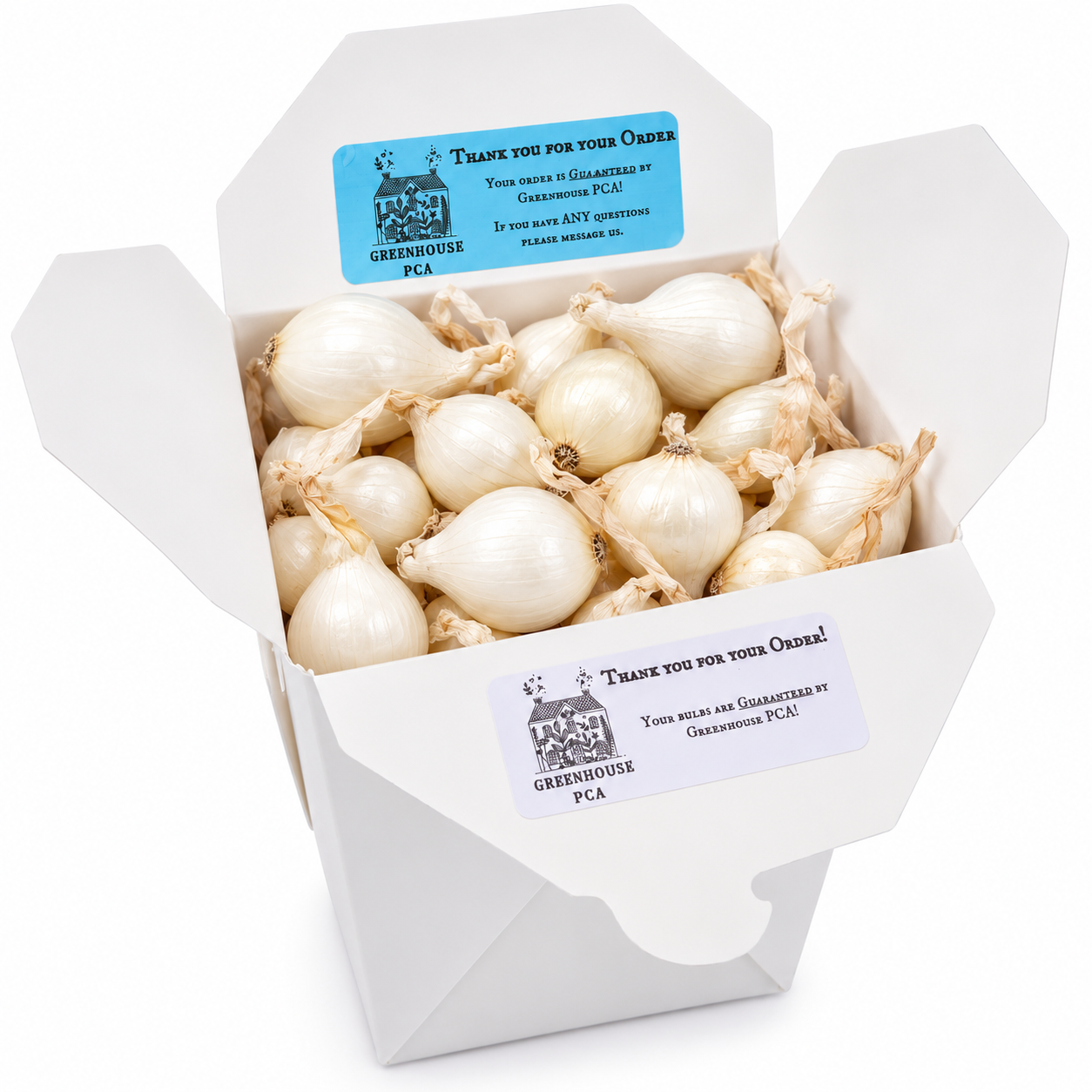 A Greenhouse PCA box packed with white onion sets ready for planting