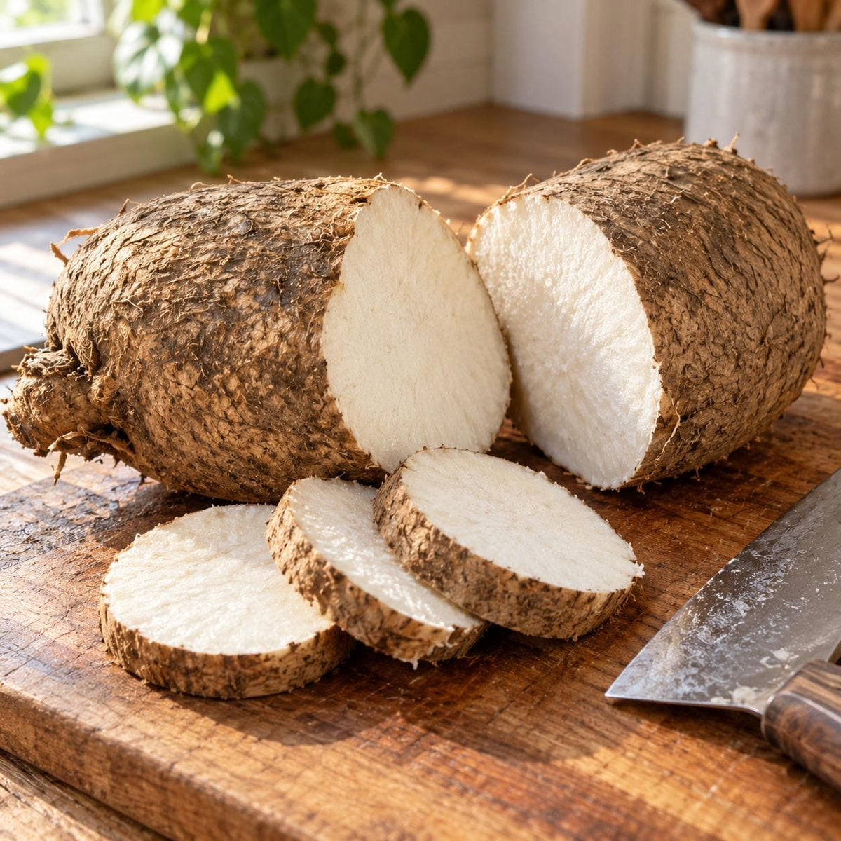 Ñame yam cut open on a cutting board