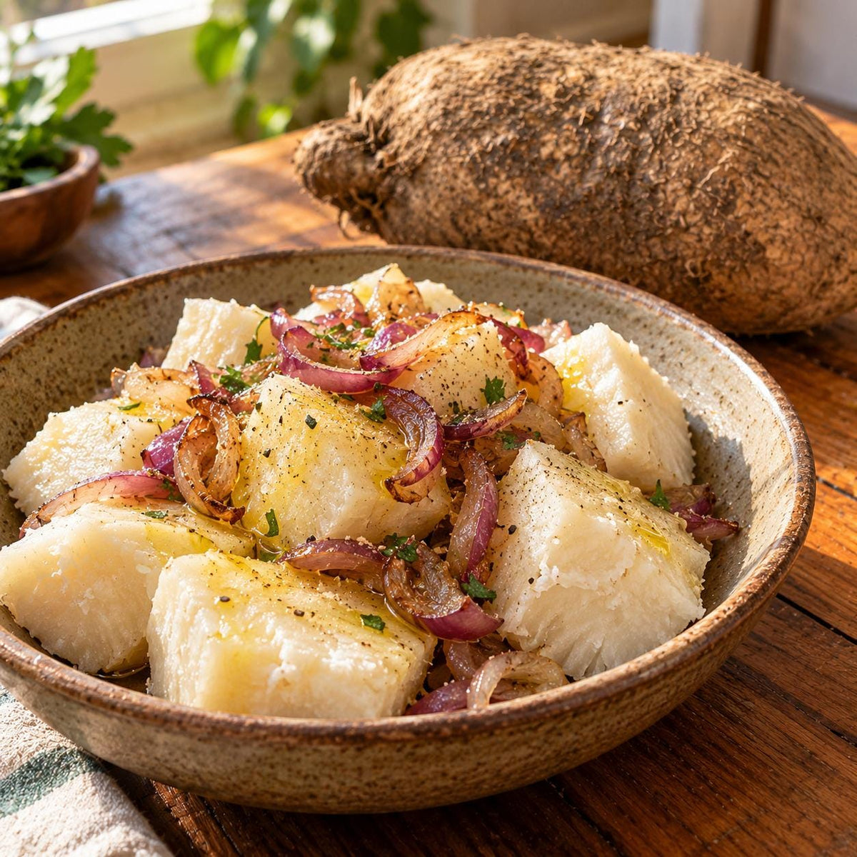 Boiled ñame with olive oil and onions