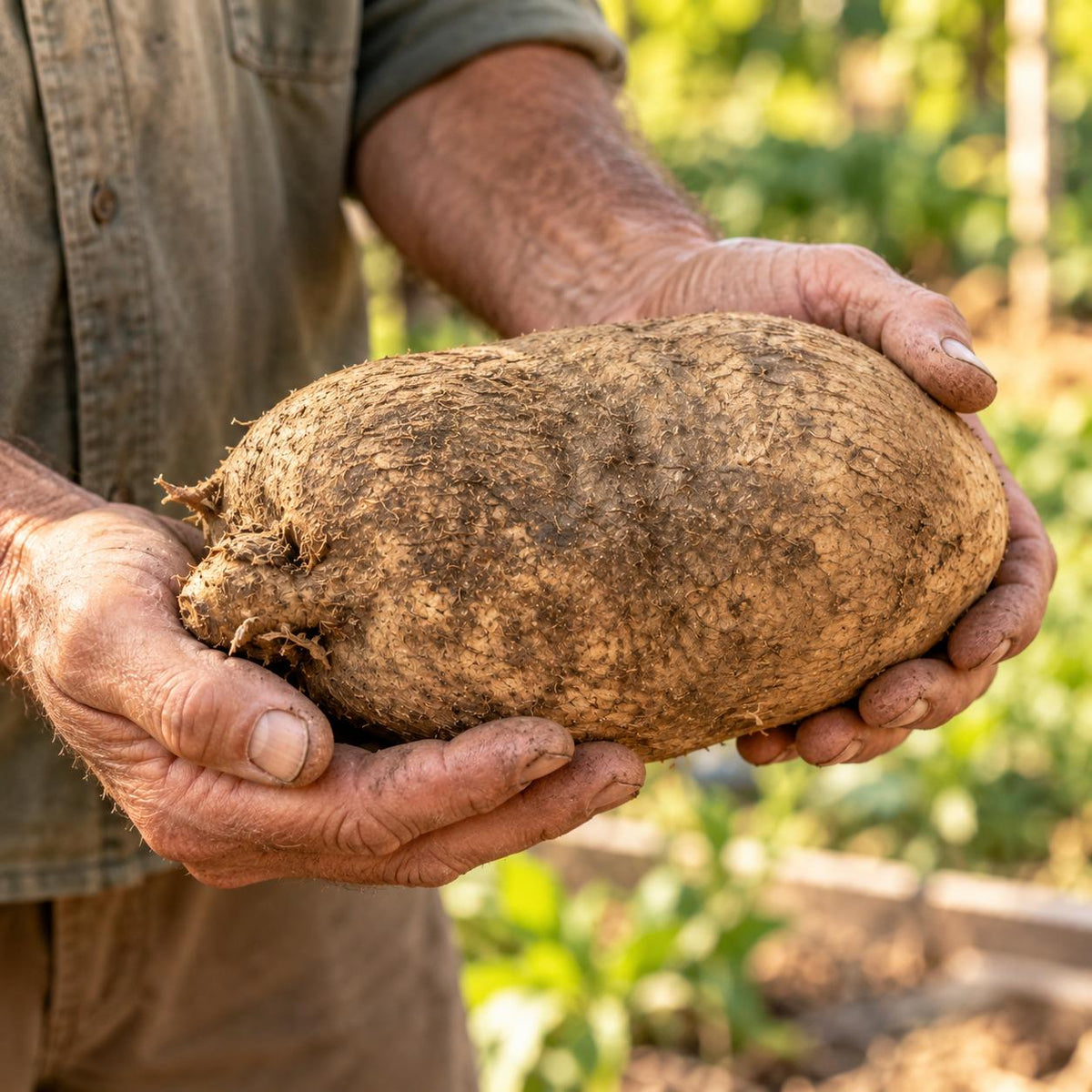 Farmer holding a 2 to 3 lb ñame yam